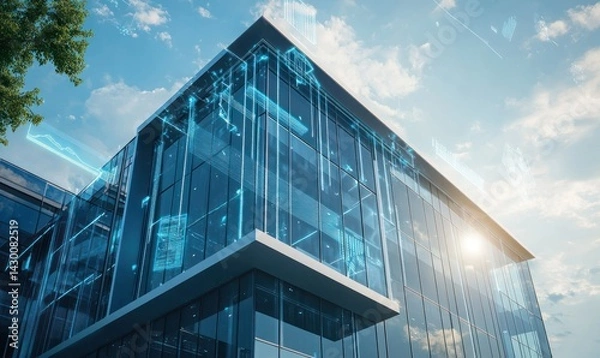 Obraz Modern glass office building with digital data overlay, sunlight.