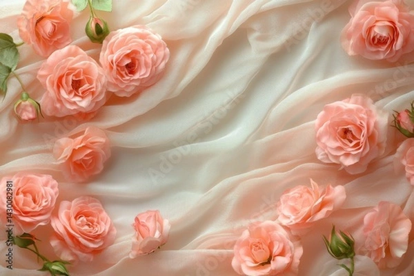 Fototapeta Elegant Peach Roses on Soft Draped Fabric Romantic Floral Background for Wedding or Valentines