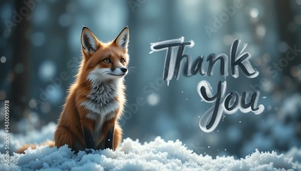 Obraz A beautiful fox sits in the snow, surrounded by a serene forest ambiance, conveying warmth and gratitude with a heartfelt message.