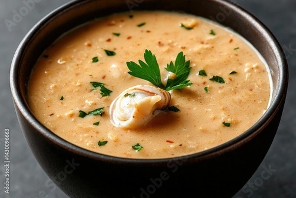 Fototapeta Creamy clam chowder in a dark bowl, garnished with parsley.