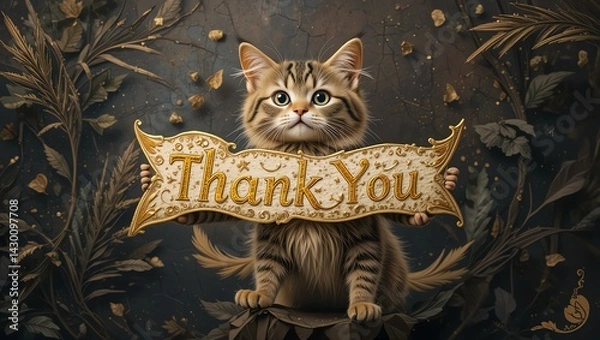 Obraz A charming cat holding a beautifully decorated 'Thank You' sign amidst a backdrop of leaves and flowers, conveying gratitude.