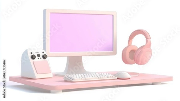 Fototapeta Modern Pink Desktop Setup Featuring Monitor Keyboard Mouse And Headphones