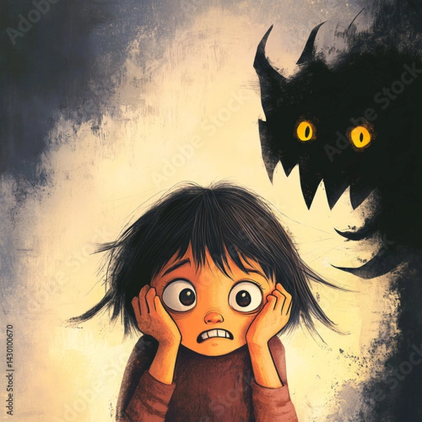 Fototapeta Fearful child imagining a dark monster in the shadows representing childhood nightmares and anxiety concepts.