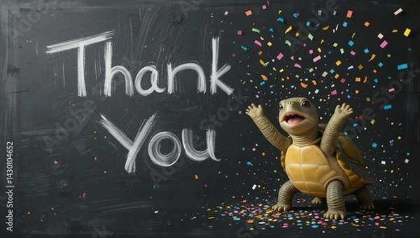 Fototapeta A cheerful turtle celebrating with colorful confetti and a chalkboard that says 'Thank You', perfect for expressing gratitude.