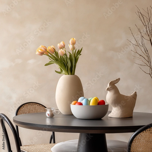 Obraz Easter Table Setting Tulips Eggs Ceramic Hen Modern Dining Room