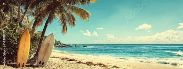 Fototapeta Idyllic tropical beach scene with surfboards under palm trees.