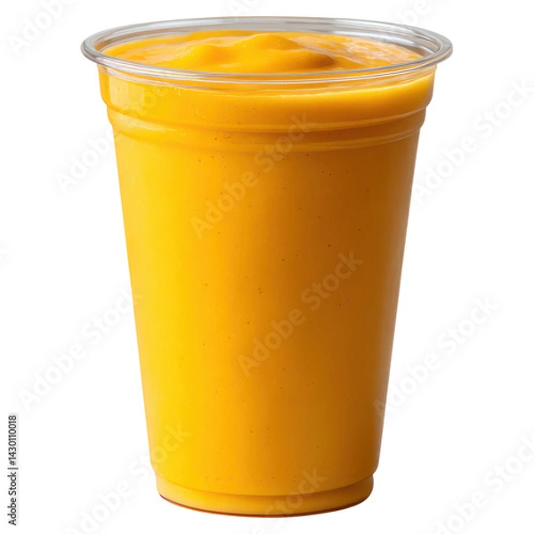 Fototapeta Refreshing Yellow Mango Smoothie in Clear Plastic Cup, isolated on transparent background.