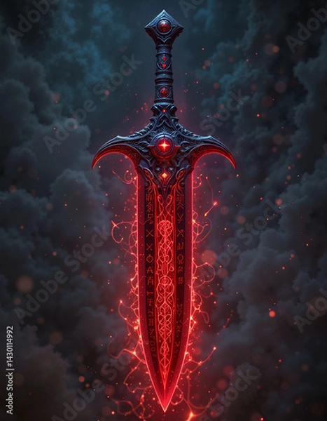 Obraz Detailed fantasy sword with intricate designs and glowing red elements against a dark background