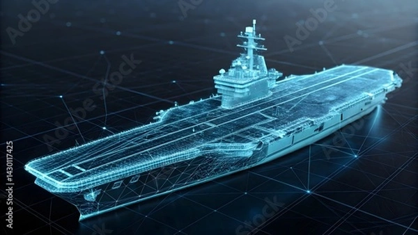 Fototapeta Aircraft Carrier Blueprint Hologram Technology Futuristic Naval Vessel Wireframe Model