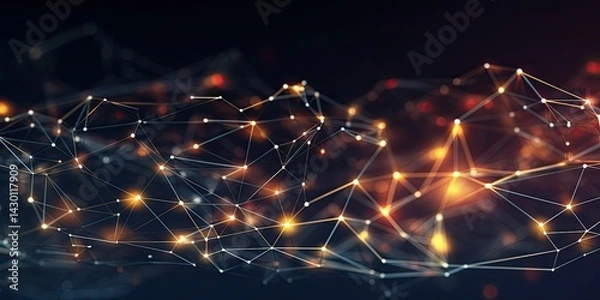 Fototapeta Molecules technology with polygonal shapes on dark blue background. Connecting dots and lines. Low poly shape. Abstract futuristic digital technology concept. Generative AI.