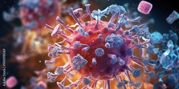 Fototapeta Antibody and viral infection colony structure, Antibodies attacking virus cell into the bloodstream. immune defense of body. Coronavirus covid-19 flu disease, medical science. generative ai.