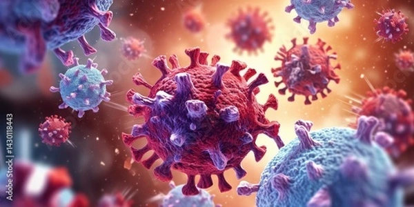 Fototapeta Antibody and viral infection colony structure, Antibodies attacking virus cell into the bloodstream. immune defense of body. Coronavirus covid-19 flu disease, medical science. generative ai.