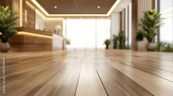 Fototapeta Modern wooden floor in a spacious lobby with large windows and plants.