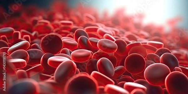 Fototapeta Flowing red blood cells, erythrocyte, health care concept. 3d rendering red blood cells in vein. Generative AI.