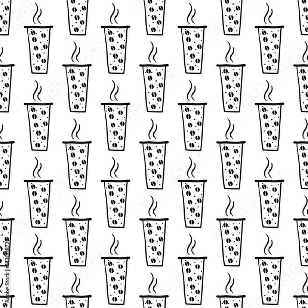 Obraz Seamless pattern with vector doodle paper cup of coffee. Can be used for making wallpaper, fabrics and other types of products
