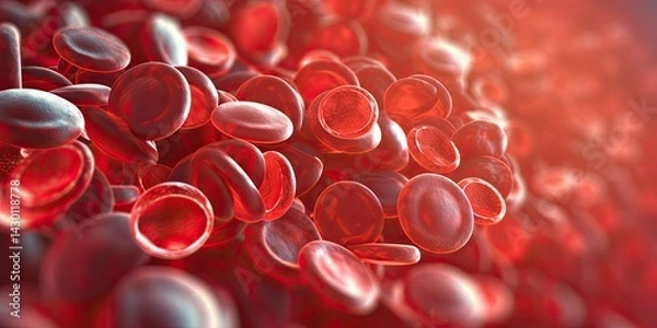 Fototapeta Flowing red blood cells, erythrocyte, health care concept. 3d rendering red blood cells in vein. Generative AI.