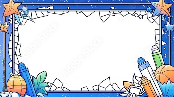 Obraz A vibrant, blue, space-themed border with shattered glass effect, featuring stars, stationery, and sports items, surrounding a blank center for text or images