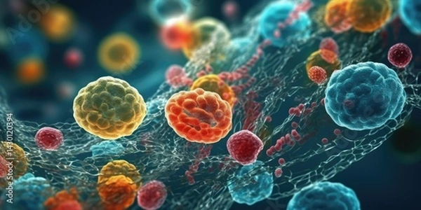 Fototapeta Cell division or cell connection, the microbiological process of reproduction of the simplest microorganisms microbes, bacteria, protein. Cells under a microscope. Generative AI.