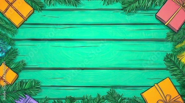 Obraz Festive teal wood background with colorful presents & pine boughs