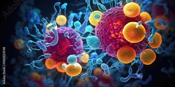 Fototapeta Cell division or cell connection, the microbiological process of reproduction of the simplest microorganisms microbes, bacteria, protein. Cells under a microscope. Generative AI.