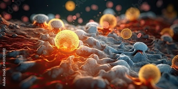 Fototapeta Human cell or Embryonic stem cell, Cells of the body under a microscope on colorful background. Cellular Therapy, Regeneration. Generative AI.