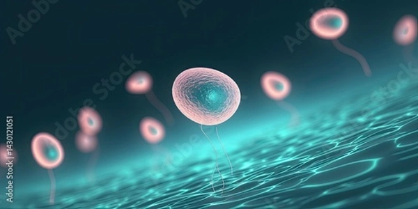 Fototapeta Human cell or Embryonic stem cell, Cells of the body under a microscope on colorful background. Cellular Therapy, Regeneration. Generative AI.