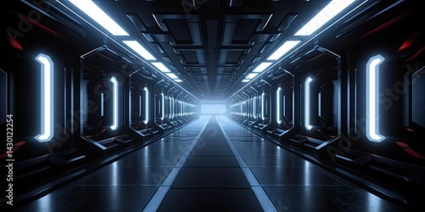 Fototapeta Realistic sci-fi dark corridor with neon light on panel walls. Futuristic tunnel with grunge metal walls. Interior view. Modern futuristic hall. Empty corridor in a spaceship. Generative AI.