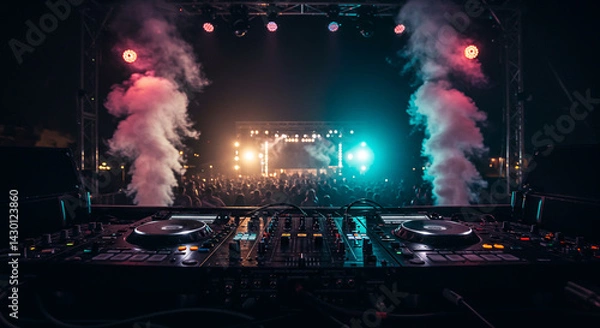 Fototapeta Mesa de DJ com luzes neon em festa noturna