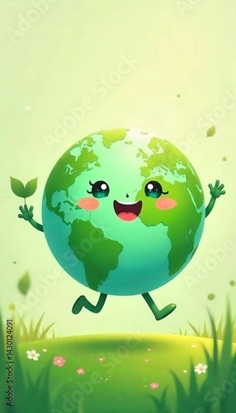 Fototapeta Generative AI artwork showing a happy Earth character promoting ecology