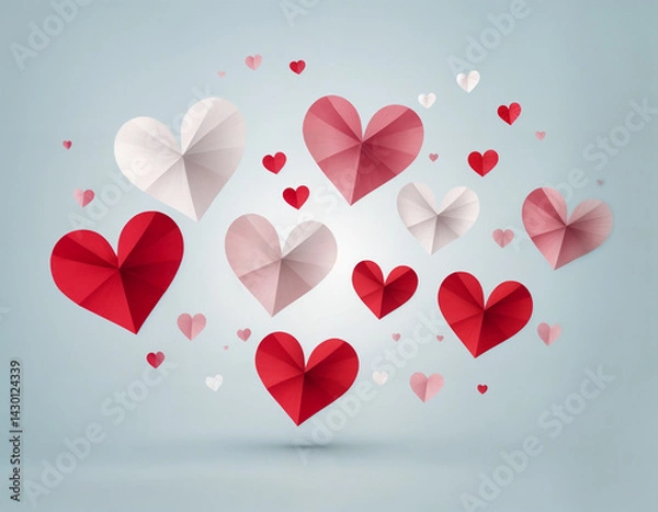 Fototapeta Red, pink and white flying hearts isolated on transparent background. Vector illustration. Paper cut decorations for Valentine's day border or frame design,