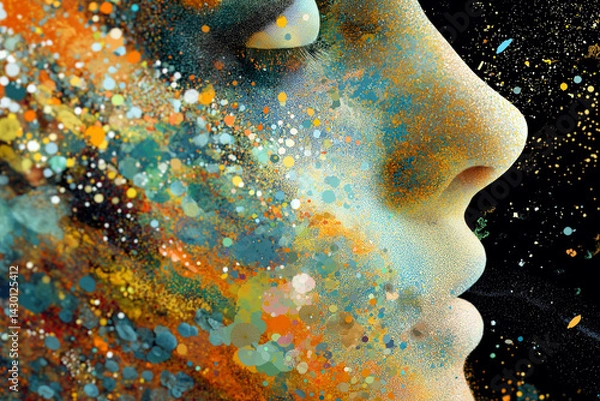 Fototapeta A poetic abstract portrait of a woman's profile dissolving into a cascade of cosmic stardust and colorful nebulae. Expressing the unity of humanity and the universe, this piece is perfect for covers, 