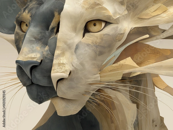 Fototapeta A close-up abstract composition of two cat faces seamlessly merging, rendered in intricate line work and soft earth tones. The contemporary art piece highlights the beauty of feline features and the h