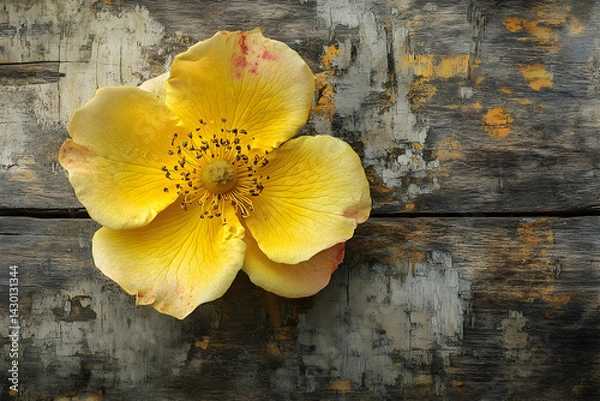 Obraz Single, vibrant yellow wild rose on weathered wood.