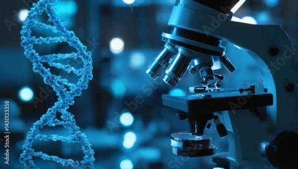 Fototapeta Closeup Microscope with DNA Model in Laboratory Setting