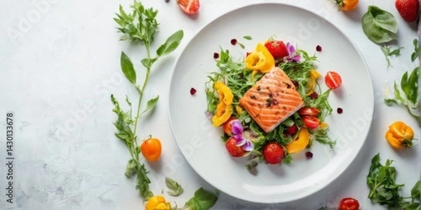 Obraz Colorful Salad with Grilled Salmon Fillet on White Plate, Top View on Textured Background