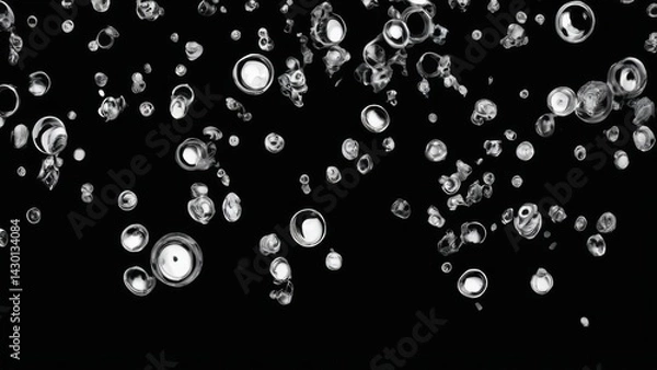Fototapeta Abstract Monochrome Circles on Black Background, Varied Sizes and Shapes, Chaotic Pattern with Energy and Movement