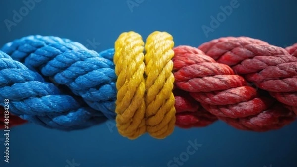 Fototapeta Closeup of colorful rope with three knots  blue, red, and yellow. Intricate details highlighted from elevated angle.