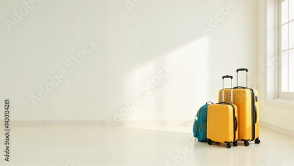 Fototapeta Luggage Ready for Adventure: Two Suitcases and Backpack Near Window in an Empty Room with Copy Space