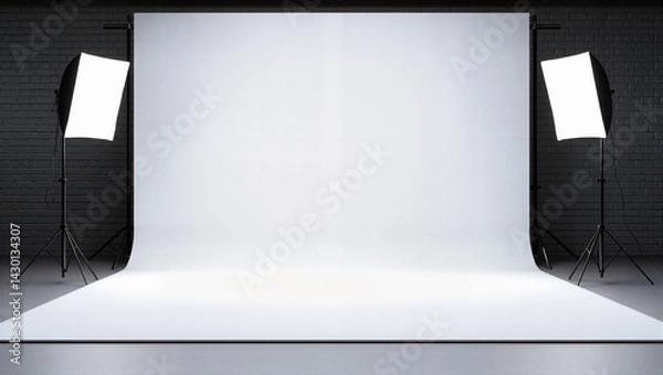 Fototapeta White Backdrop Stand in Studio with Lighting Equipment for Photography and Videography Needs, for Product Shots or Portrait Photography