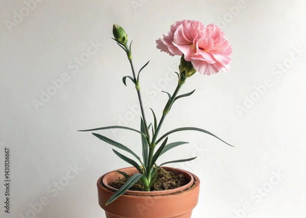 Fototapeta Pink Perennial Carnation Plant in Pot – Isolated on White Background for Botanical Design