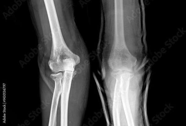 Obraz An X-ray image showing a clear fracture in the radius near the elbow joint, with swelling.