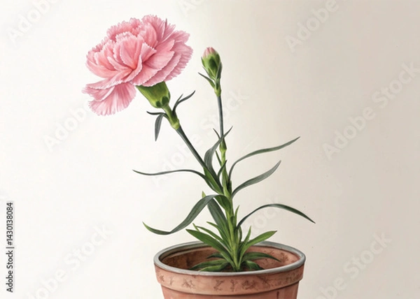 Fototapeta Pink Perennial Carnation Plant in Pot – Isolated on White Background for Botanical Design