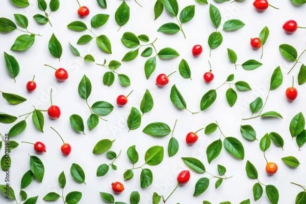 Fototapeta Leaves and berries pattern flat lay on white background