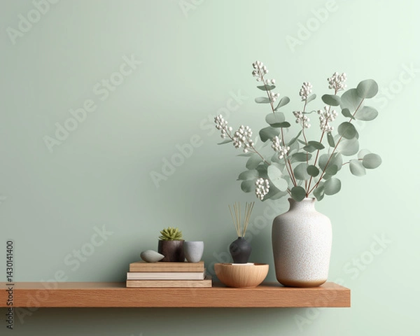 Obraz Eucalyptus Branch in Speckled Vase Books Succulent  Diffuser on Wooden Shelf