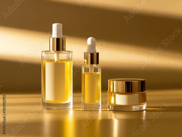 Fototapeta Cosmetic glass bottle mockup set with gold cap isolated on yellow background, clean style skincare products collection. Minimal blank packaging mockup