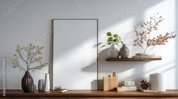 Fototapeta Serene Still Life with Framed Art: A minimalist interior composition featuring a blank framed art piece, alongside a collection of elegant vases holding delicate branches.