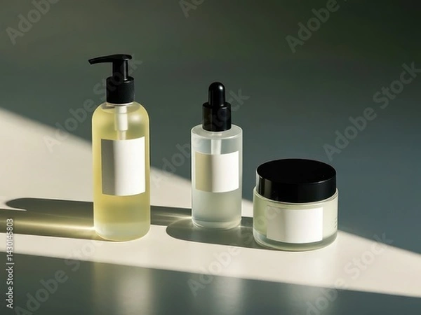 Fototapeta Serene Skincare Bottles Mockup Set: Minimalist Beauty Product Display