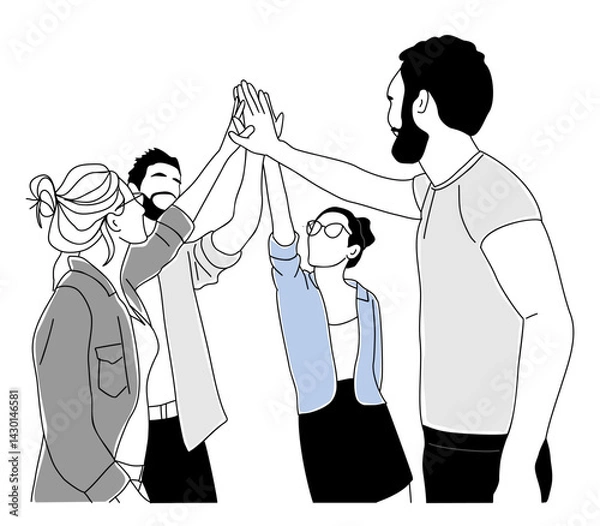 Fototapeta Excited business men and women giving high five celebrating success. Business team concept. Modern vector simple outline drawing for graphic, web design. Isolated on transparent background.
