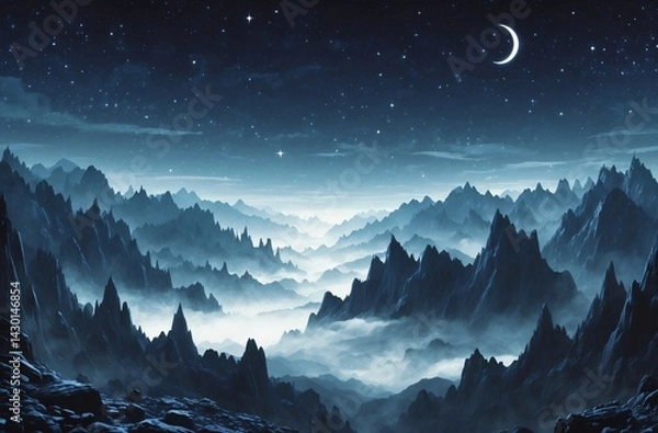 Fototapeta Majestic Nighttime Landscape with Crescent Moon and Mountains Beneath the Starry Sky