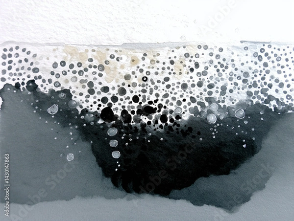 Fototapeta A creative abstract black and white ink texture featuring organic dots and gradients. The composition blends light and dark watercolor washes, forming a minimalist, modern pattern perfect for backgrou